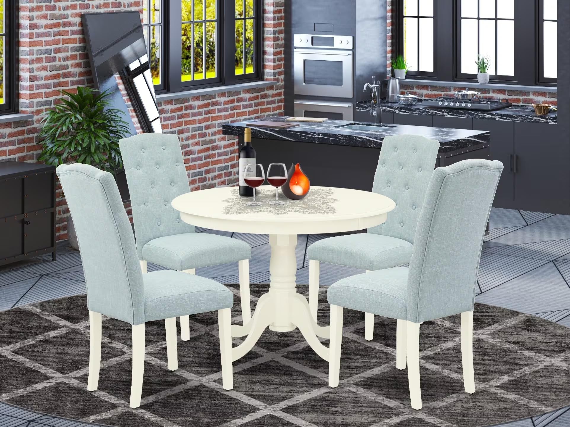 East West Furniture Hlce5-Lwh-15 5 Piece Dining Table Set For 4 Includes A Round Kitchen Table With Pedestal And 4 Baby Blue Linen Fabric Upholstered Parson Chairs, 42X42 Inch, Linen White